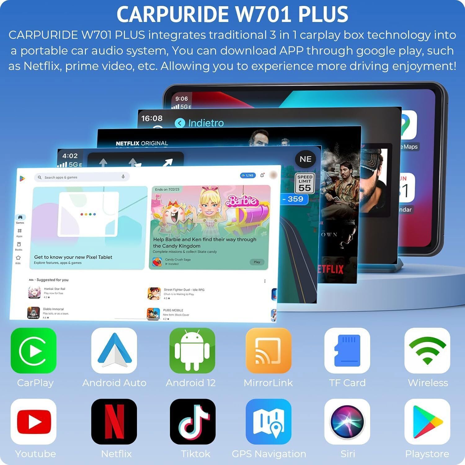 Carpuride W701Plus Dual Bluetooth Wireless Apple CarPlay GPS Android Auto Radio
