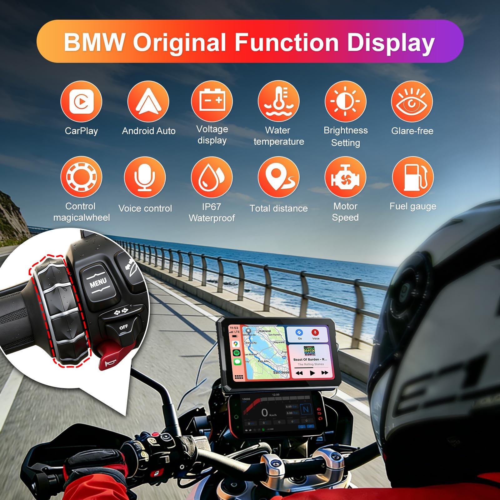7″ Motorcycle CarPlay Fit for BMW, IP67 Waterproof Touchscreen, Portable Carp…
