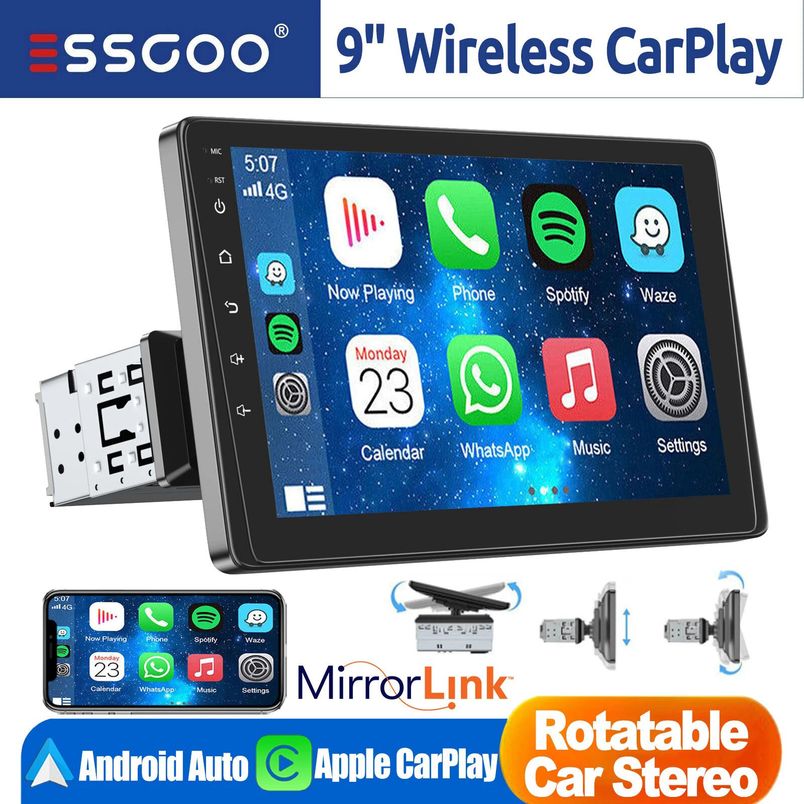 9″ Single DIN Android Auto Car Stereo Apple Carplay USB AUX Touch Screen 1080P