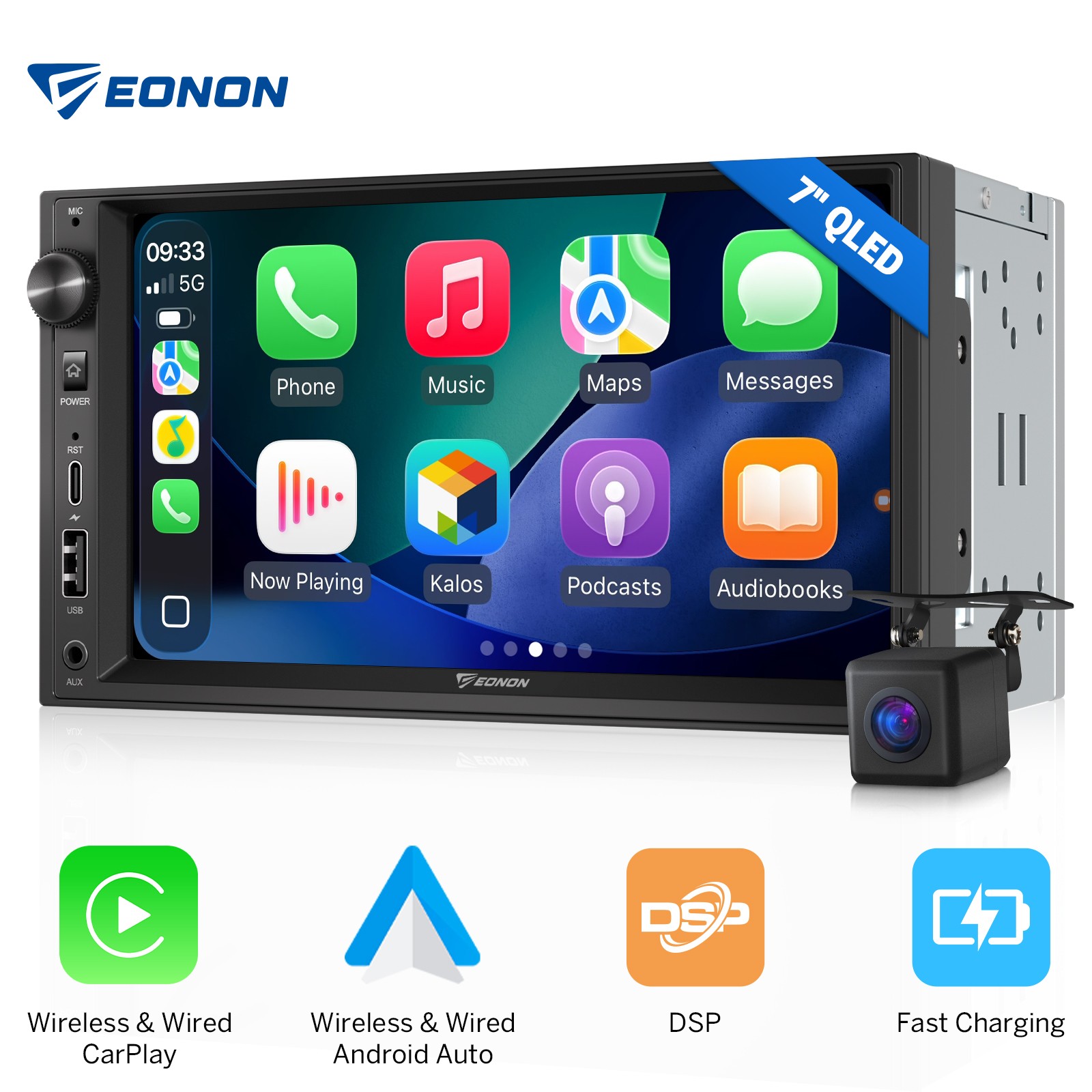 2 DIN Android Auto 7″ QLED Car Stereo Radio Wireless Apple CarPlay Backup Camera