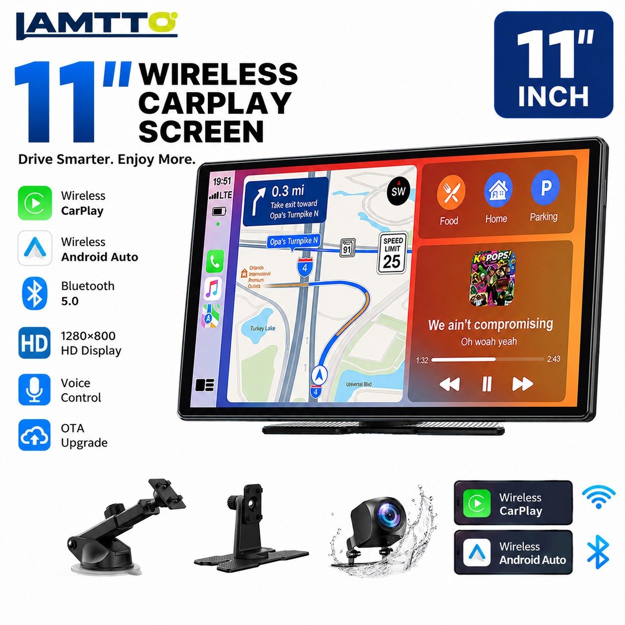 11″ Portable Car Stereo Radio Wireless Apple Carplay/Android Auto Head Unit FM