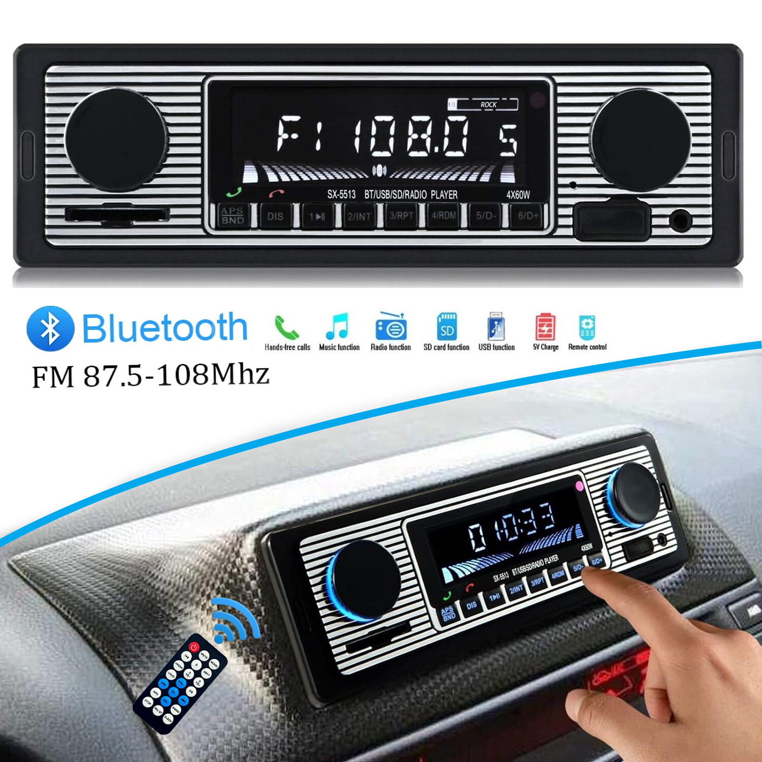 Bluetooth Car Radio Vintage MP3 Player FM USB AUX Classic Stereo Audio Receiver
