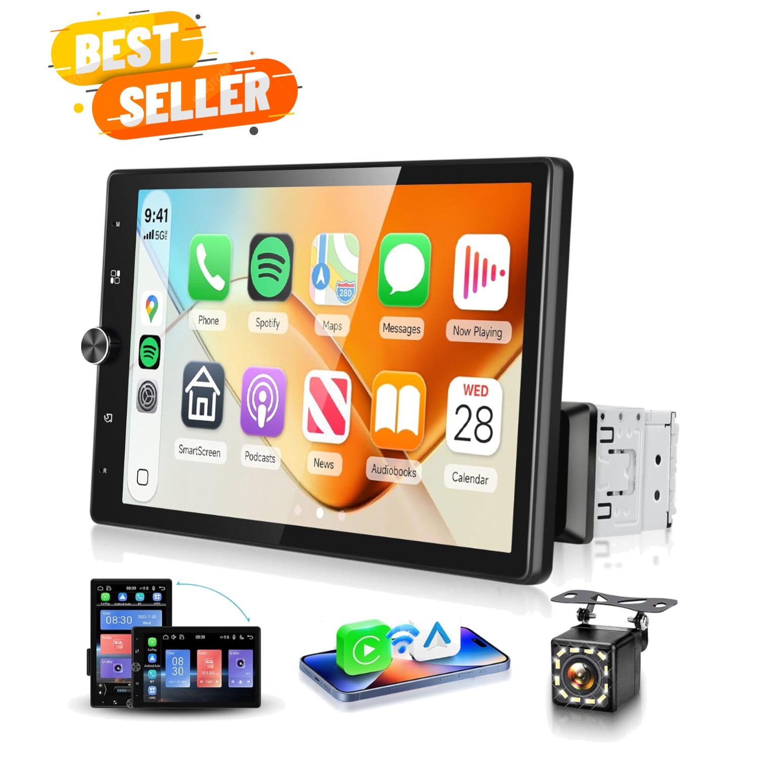 10.4” Single Din Car Stereo with Wireless CarPlay Android Auto, HD Rotation …