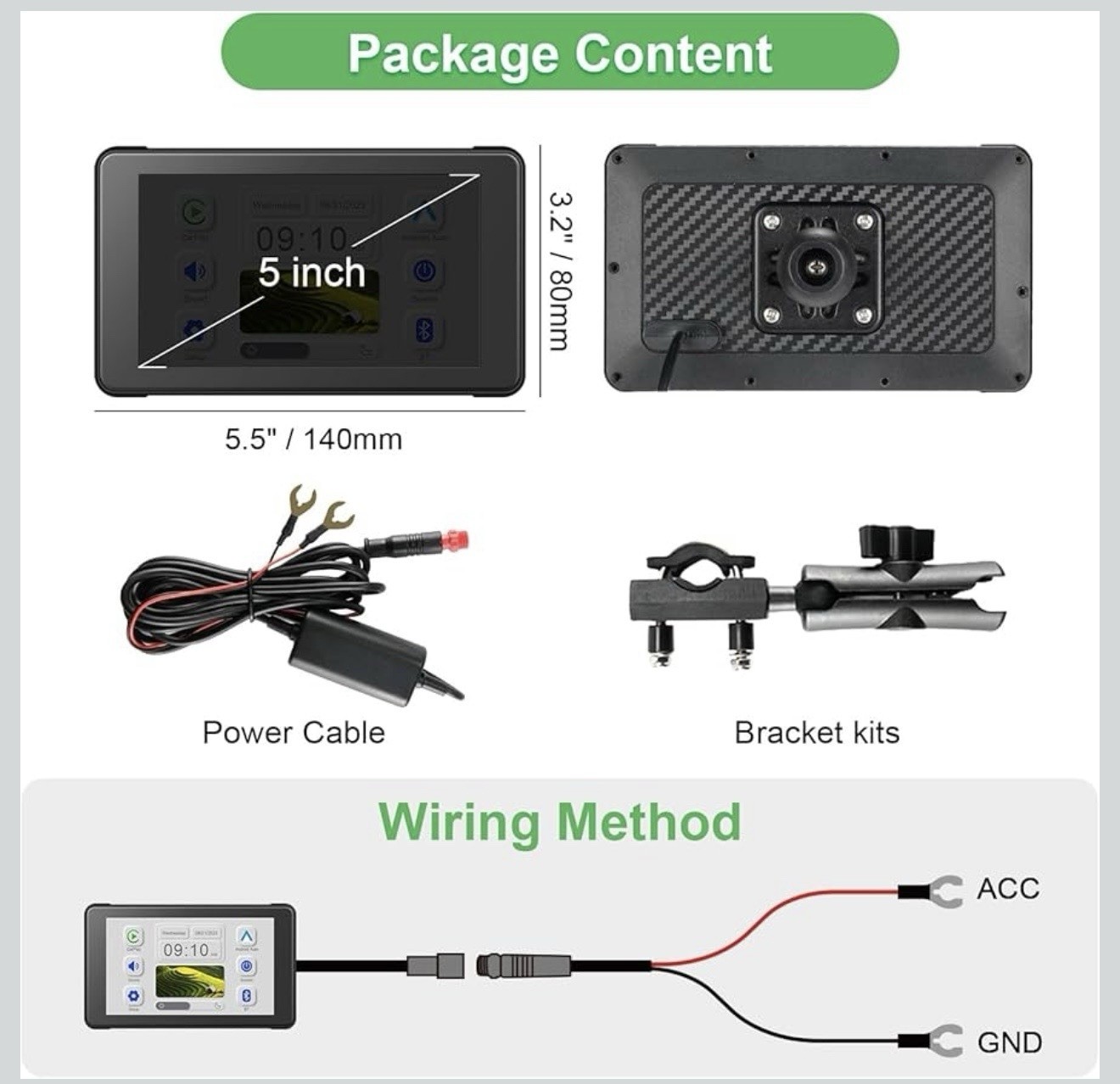 5 Inch Motorcycle CarPlay Screen, Wireless Carplay and Android 5 in NO camera