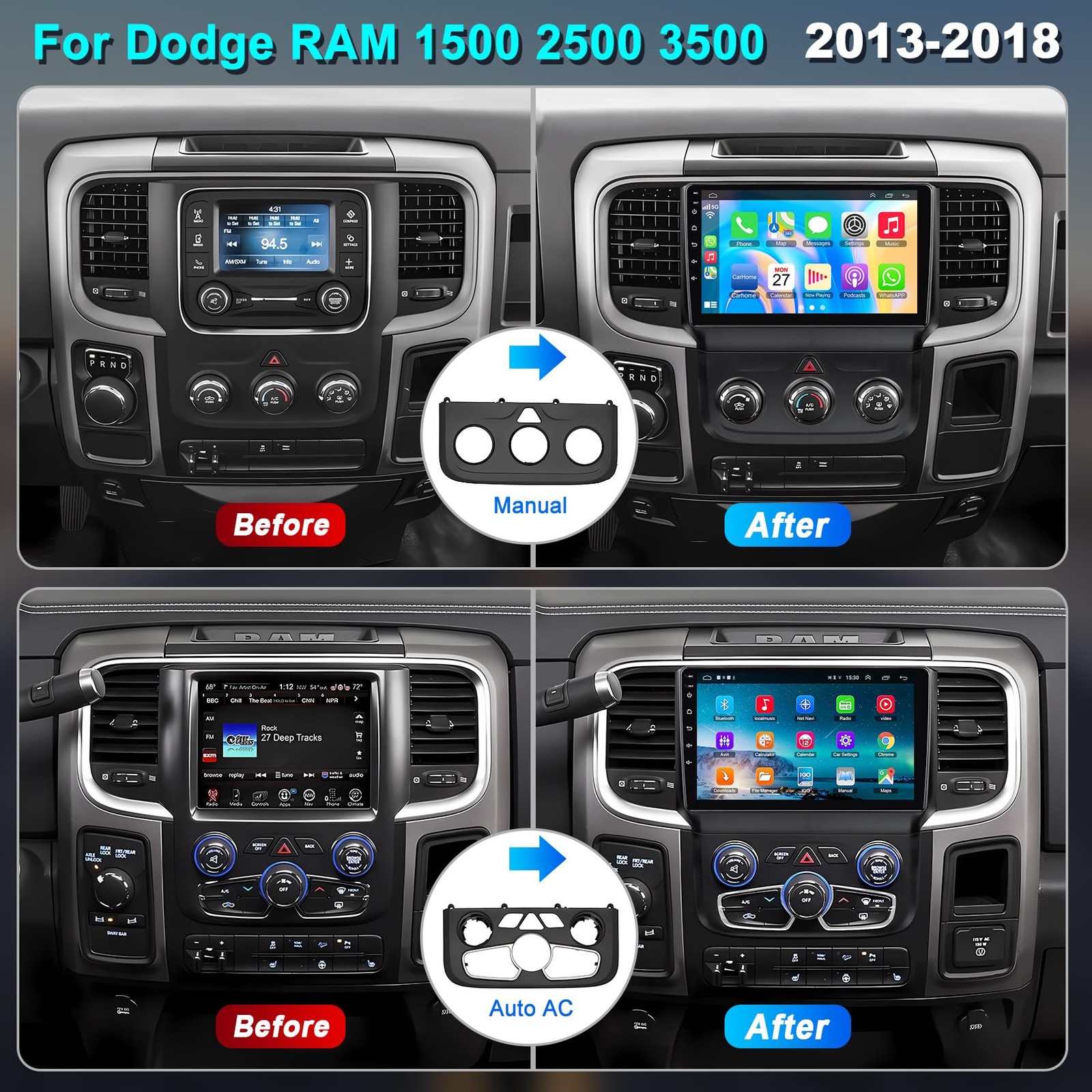 8-core 4G+64G Car Radio for Dodge 2013-2018 RAM 1500/2500/3500(Manual & Auto …