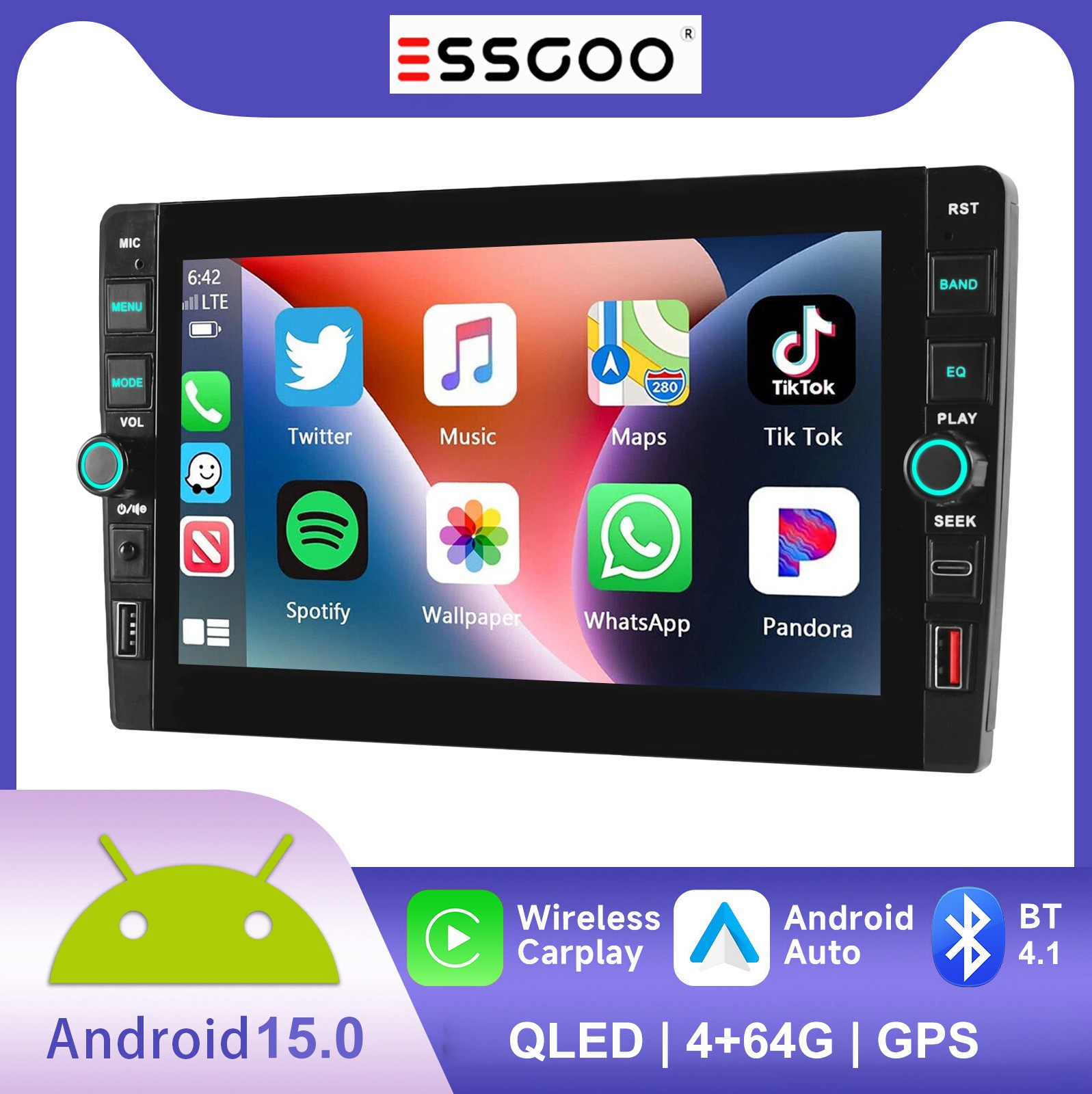 9″ ESSGOO Car Stereo 4G+64G 2 Din Android 15.0 GPS FM WiFi BT GPS Wireless Radio