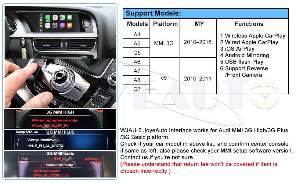 Wireless CarPlay Android Auto Audi OEM Fit 2010-16 A4 A5 Q5 MMI 2010-11 A6 A7 Q7