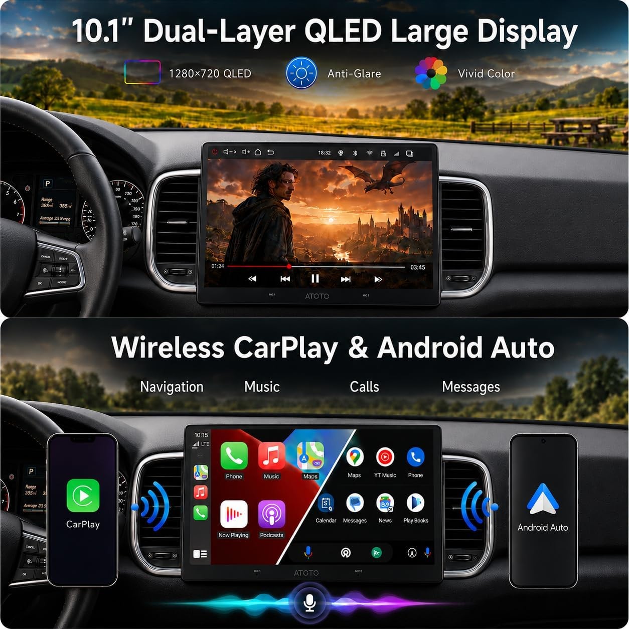 ATOTO V10 10.1” Android 14 Double Din Car Stereo CarPlay & Android Auto 6+128G