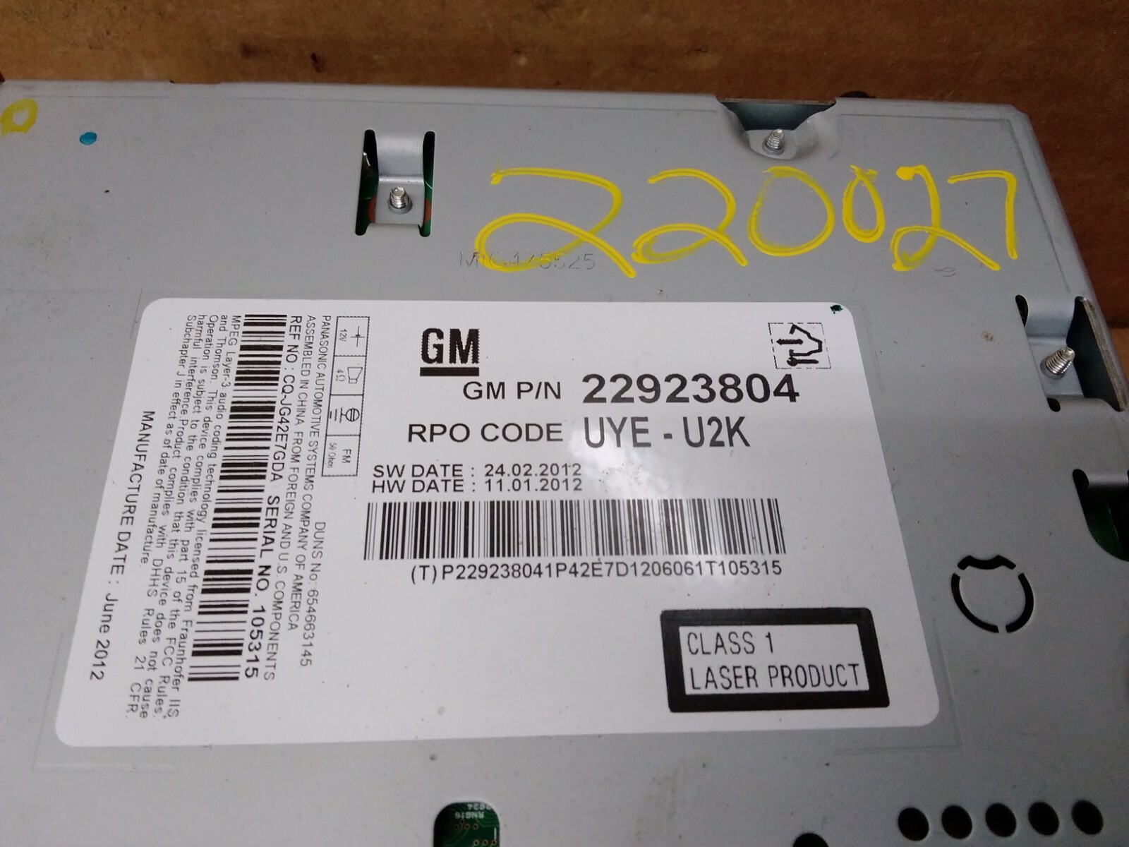 2013 Chevrolet Cruze AM-FM Radio Receiver w/o Sat.