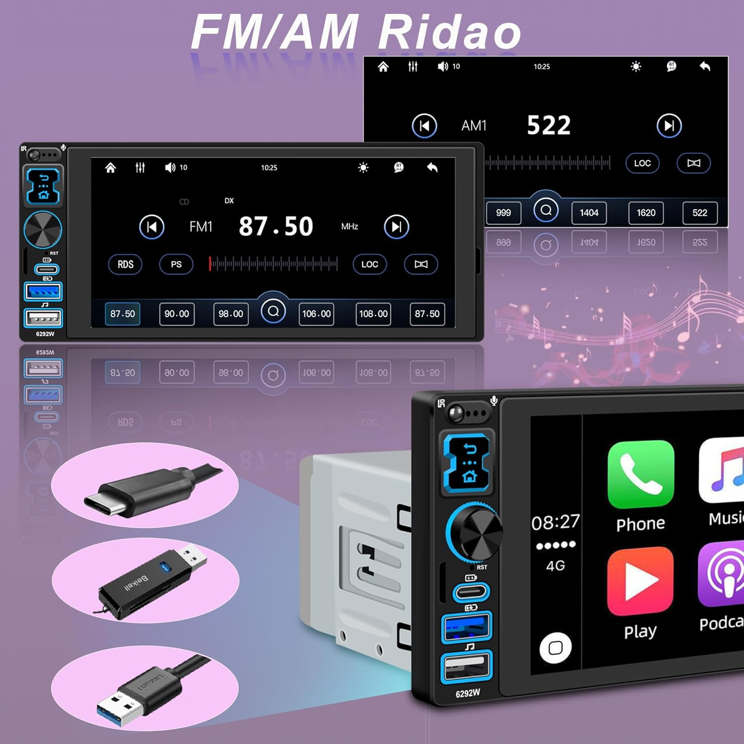 6.8″ Single Din Car Stereo Wireless CarPlay touchscreen Bluetooth Radio USB CAM