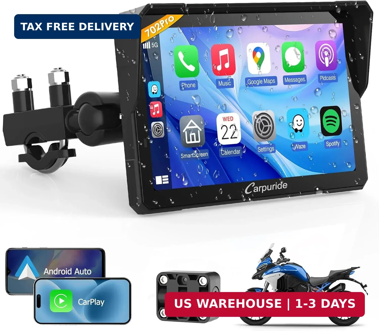 Carpuride W702PRO for Motorcycle CarPlay& Android Auto& Dual Bluetooth – 7″ Wate