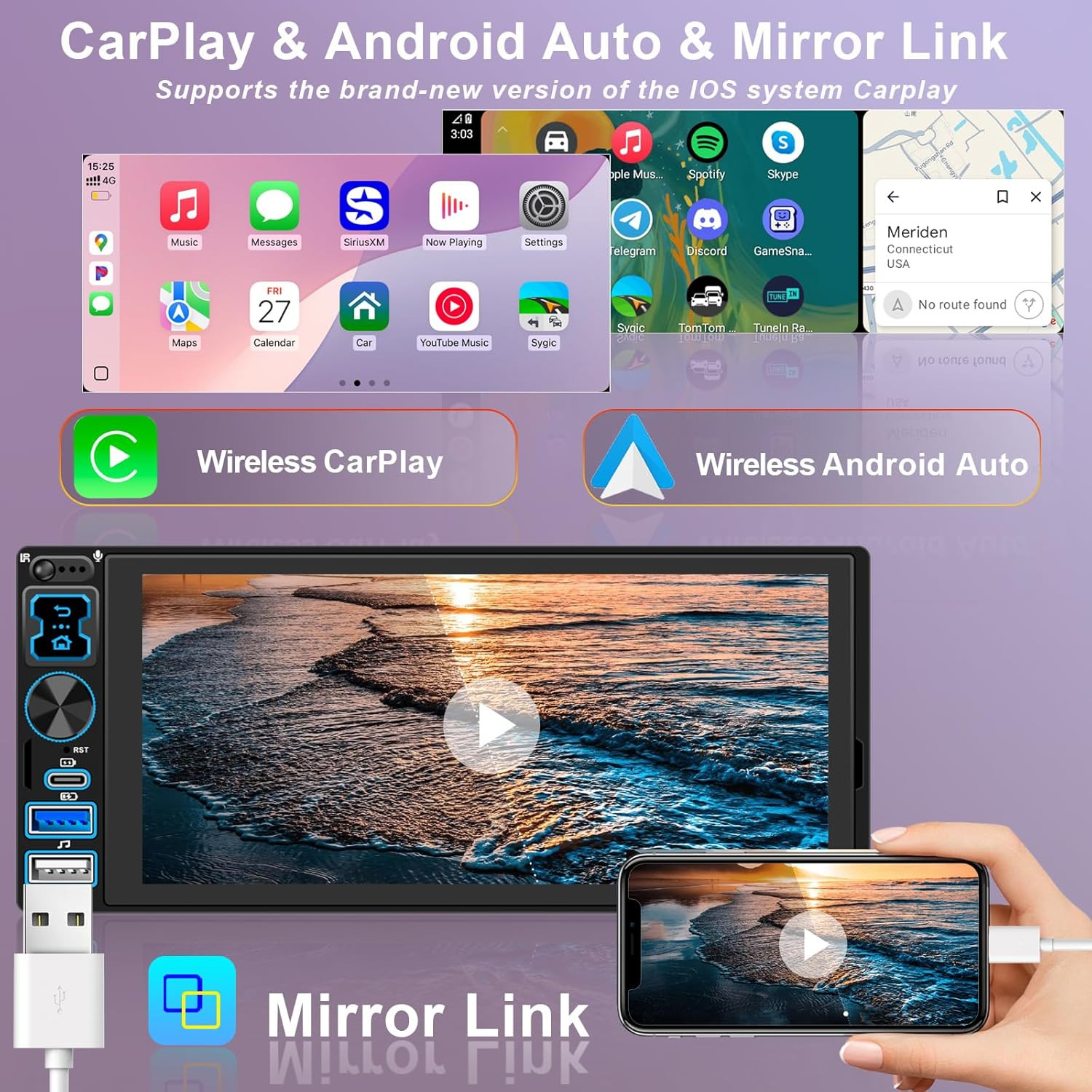 6.8″ Single Din Car Stereo Wireless CarPlay touchscreen Bluetooth Radio USB CAM