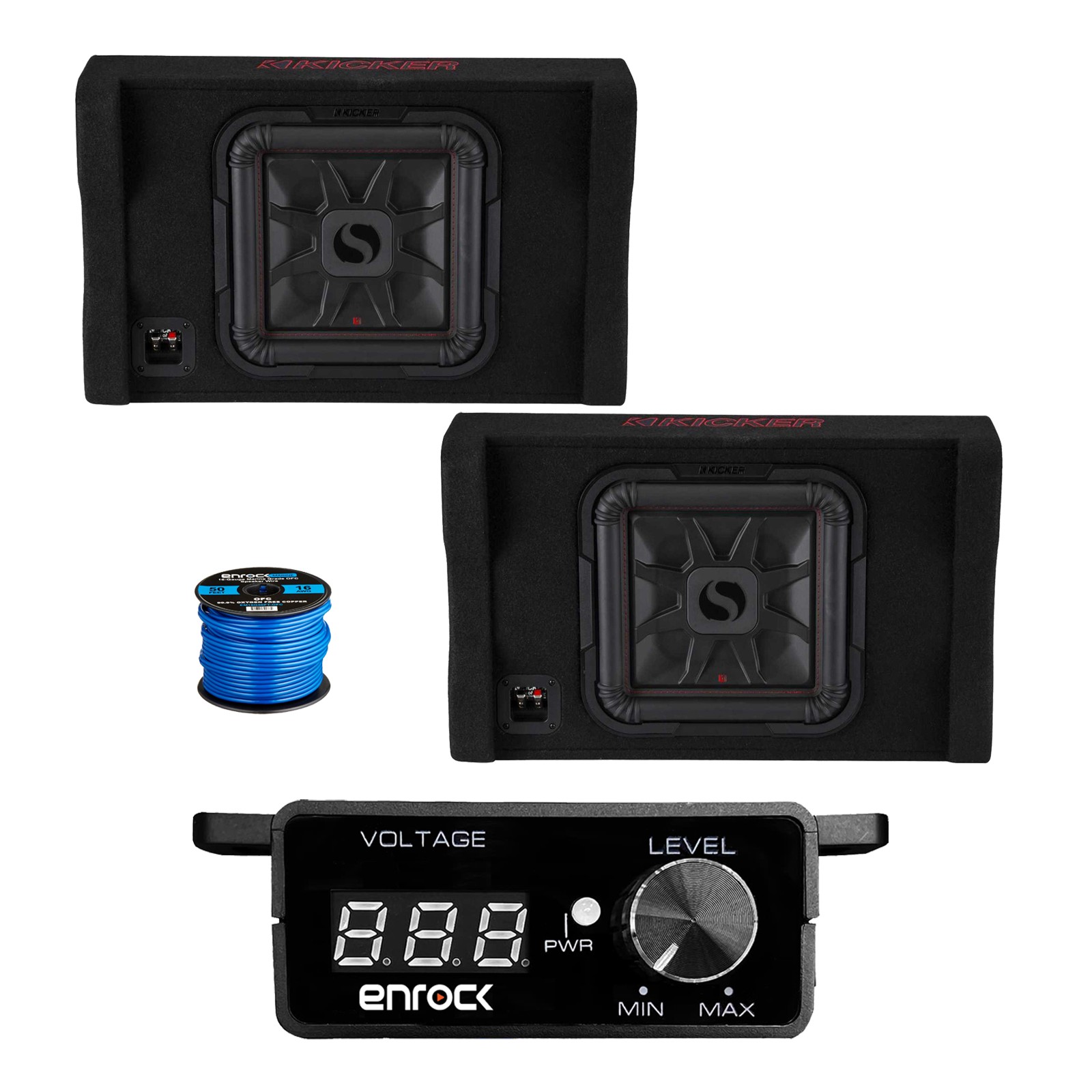 1 Pair (Qty 2) of Kicker 12″ 1000W Down Firing Sub Enclosure, Bass Knob w/ Wire