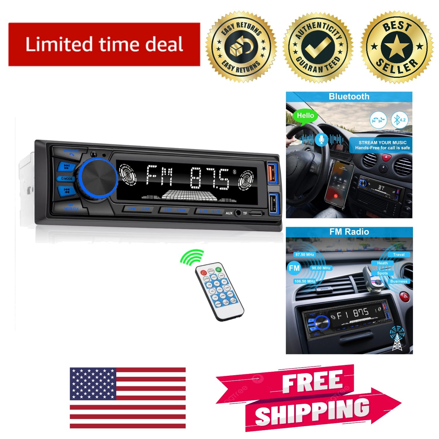 Sleek Single DIN Car Stereo: Bluetooth Connectivity and Quick Charge Support