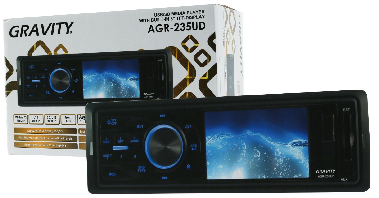 Gravity AGR-235UD 1-Din USB/SD MP4/MP3 Radio Car Media Player w/3″ TFL Display