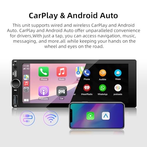 Single Din Car Stereo with Wireless Carplay Android Auto, 6.86 Inch IPS Touch