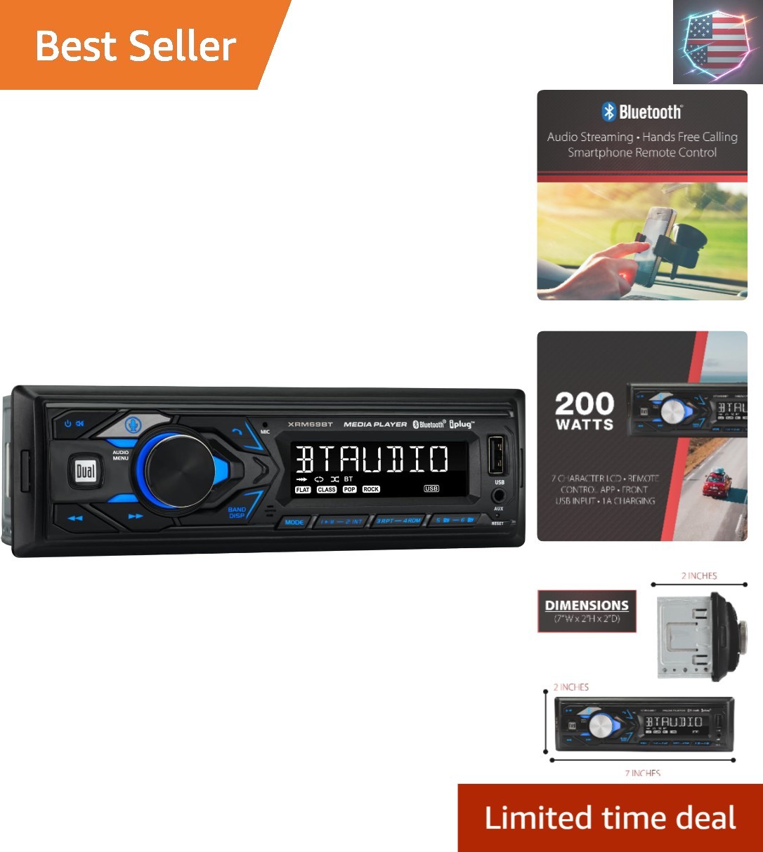 7 Character LCD Single DIN Car Stereo Radio | Push to Talk Assistant | Blueto…