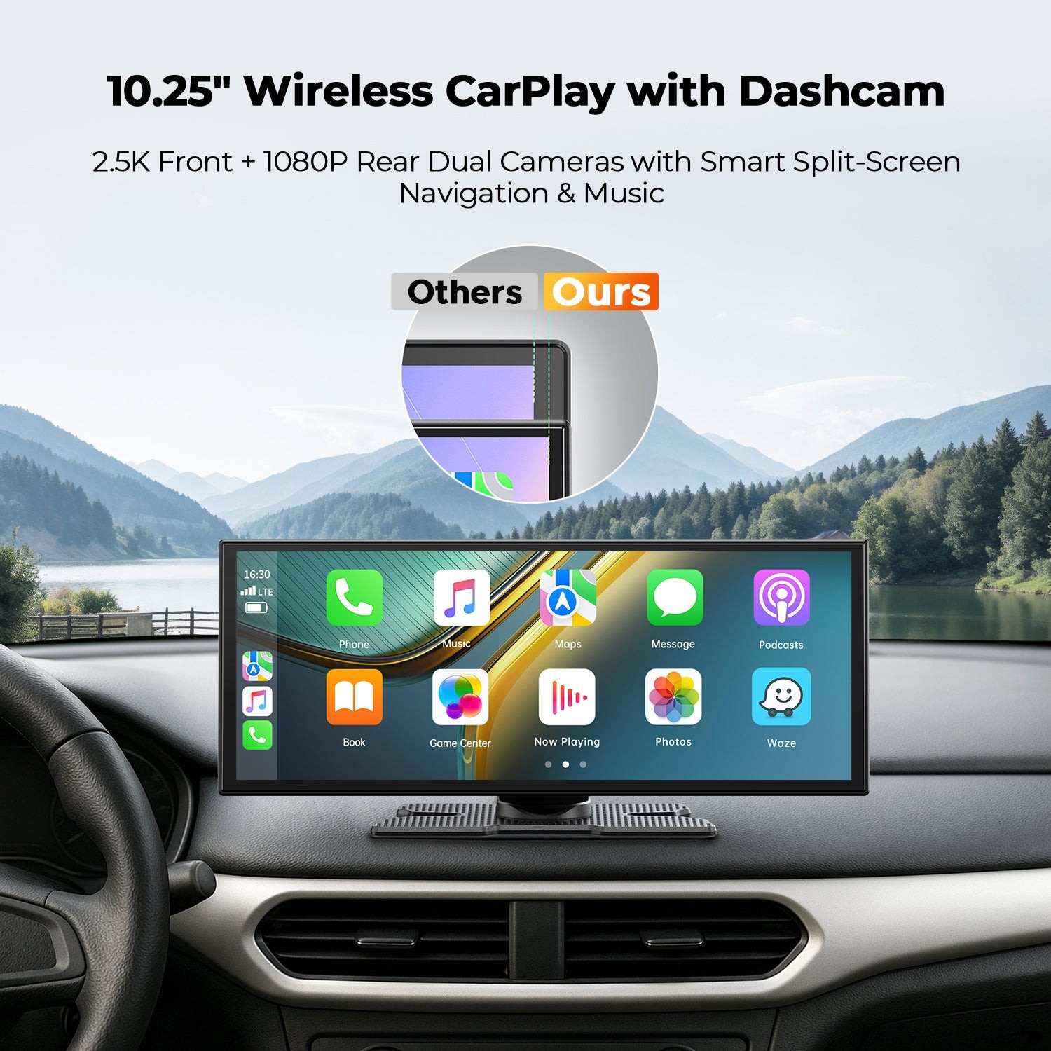 Lamtto 10.25″ 2.5K Dash Cam Car Stereo Radio Wireless CarPlay Android Auto+64GB