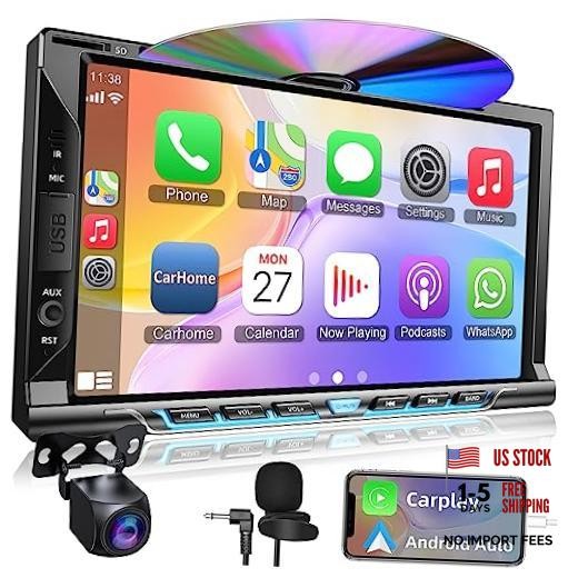 Double Din car Stereo with CD/DVD Player- CarPlay & Android Auto, Car Style A