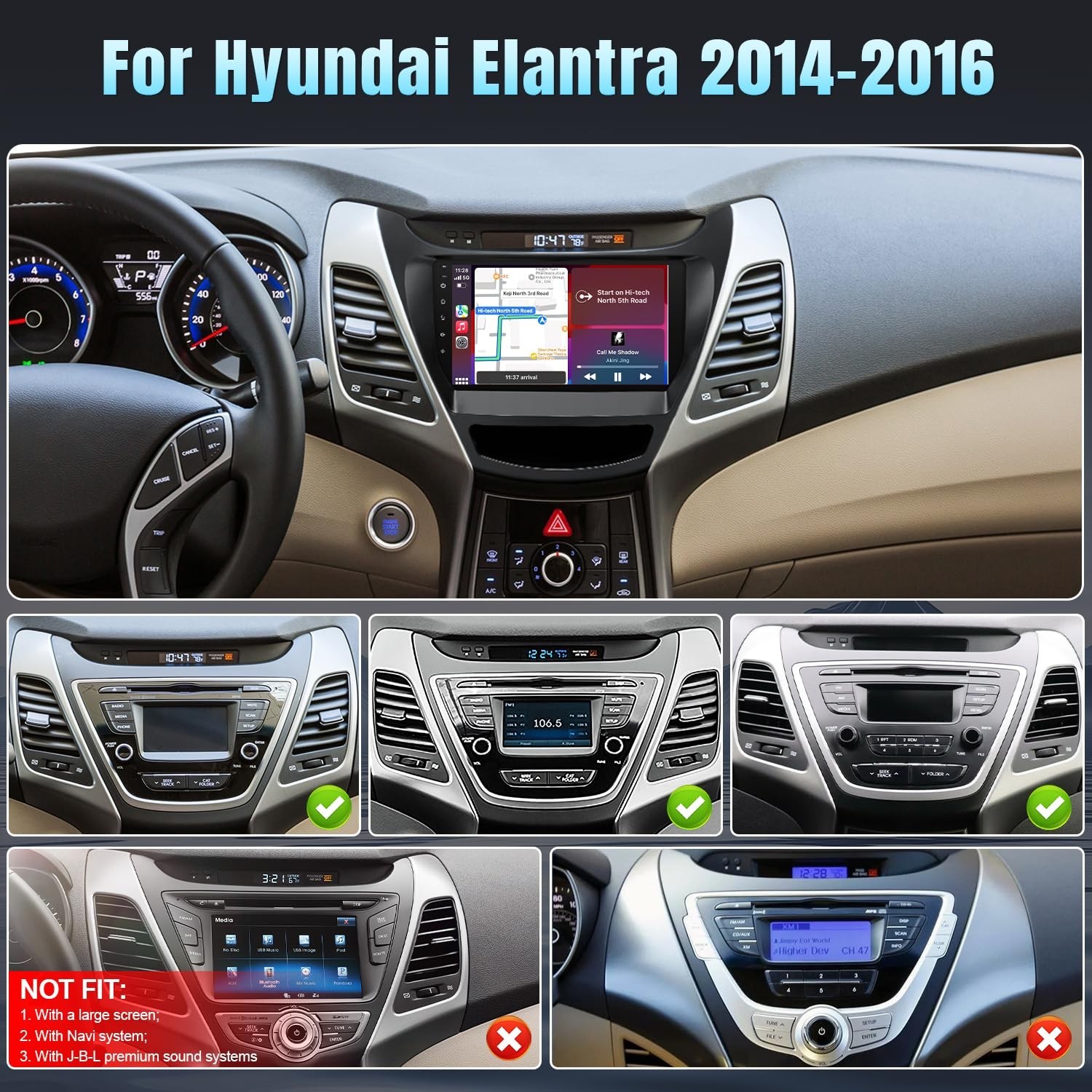 Car Radio Stereo Carplay For 2014-2016 Hyundai Elantra 4+64G 9in Media Car