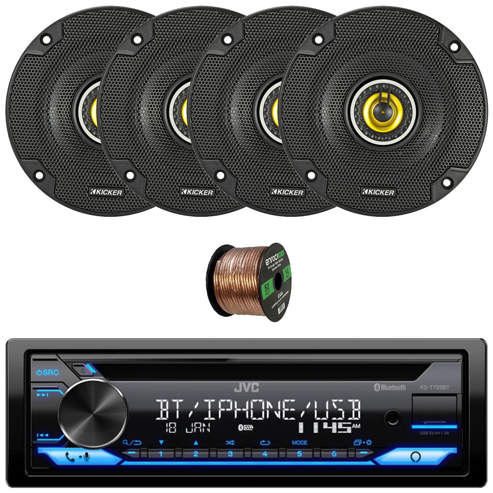 KD-T720BT Bluetooth CD/AUX/Stereo Bundle with 4x 4″ 150W 2-Way Speakers, Wire