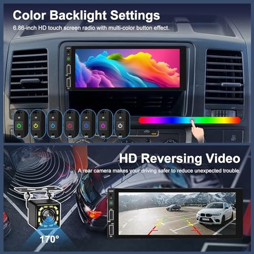 Single Din Car Stereo with Carplay and Android Auto – 6.86 inch Car Radio