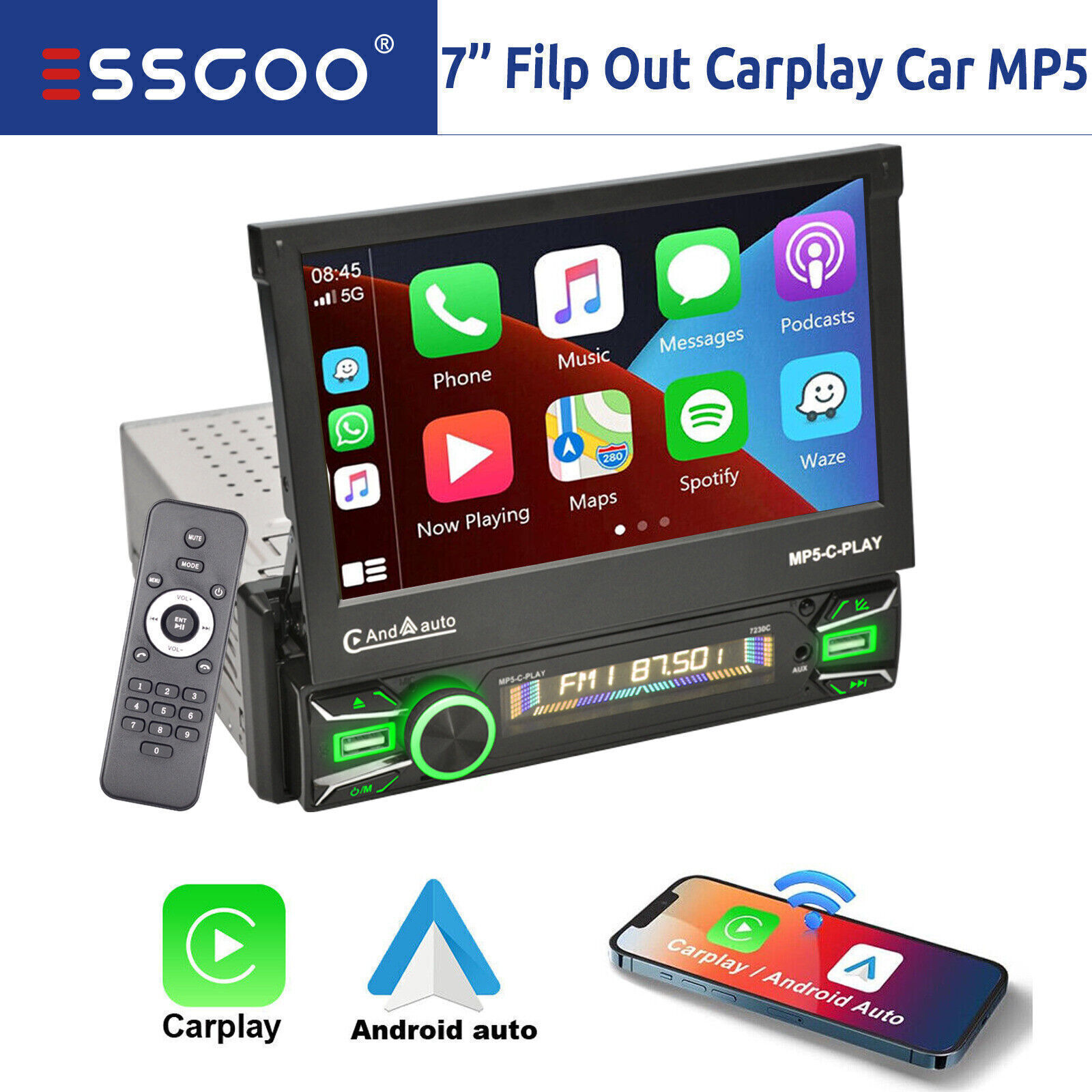 Single 1DIN 7″ Flip Out Touch Screen Car Stereo Radio Apple Carplay Android Auto