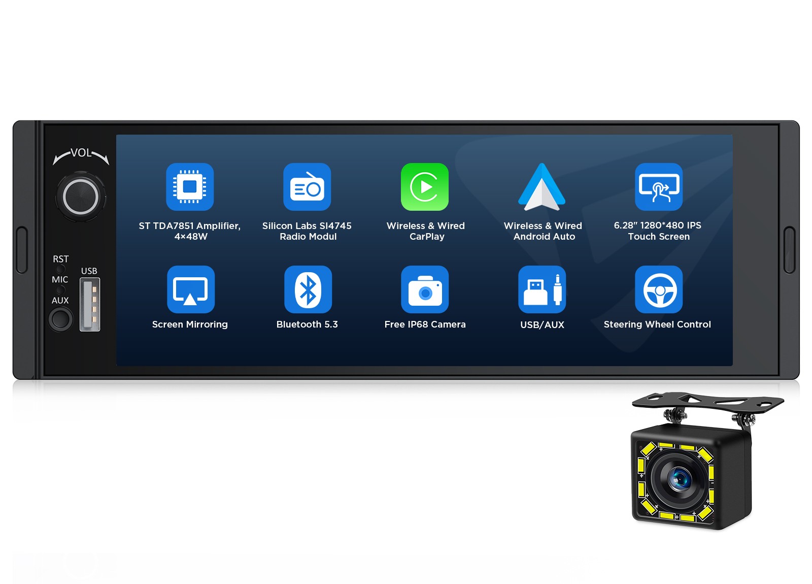 CAM+ 6.28 inch IPS Single 1 DIN Android Auto Car Stereo Radio CarPlay Bluetooth