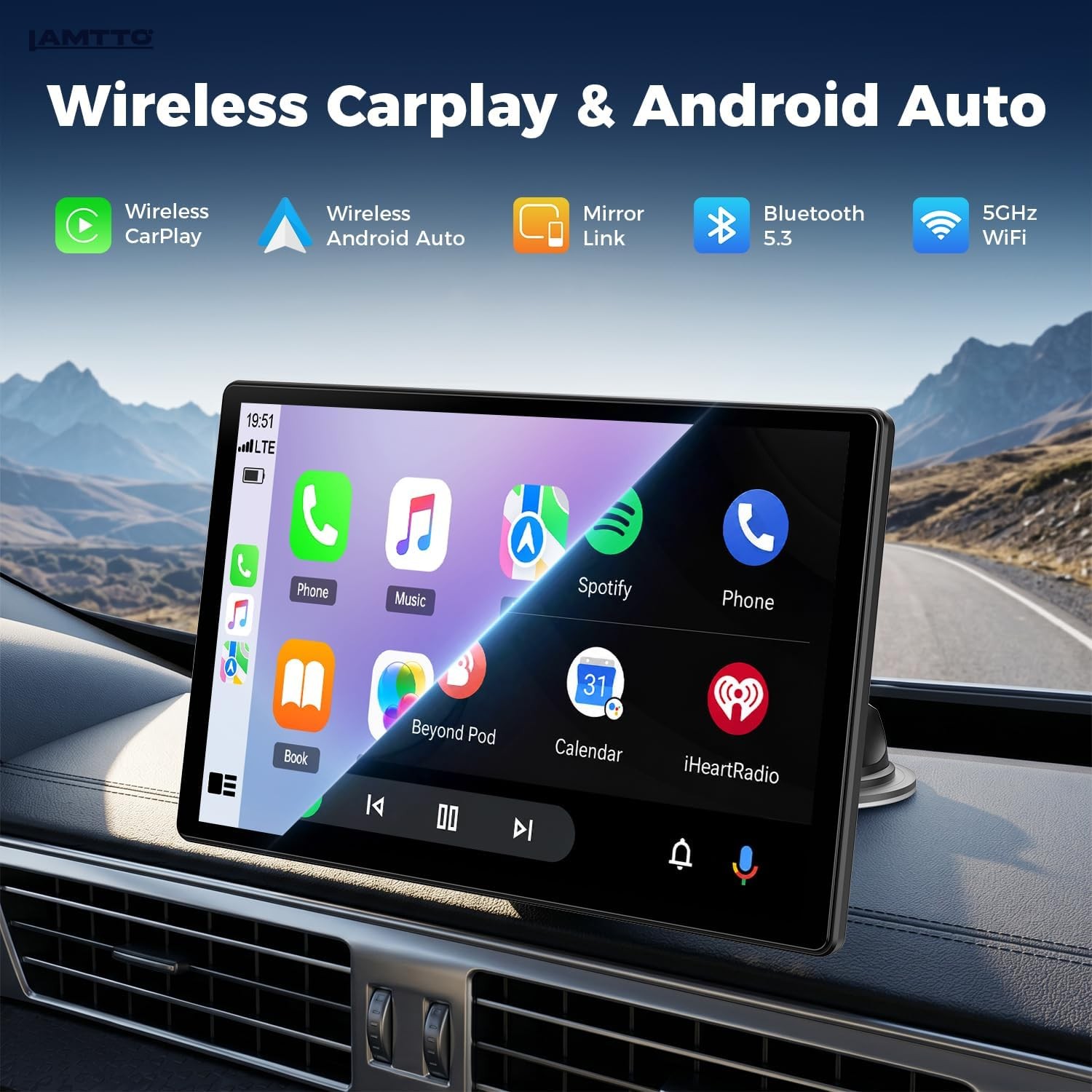 Lamtto 11″ Touch Screen Car Portable Wireless Apple CarPlay Android Auto Radio