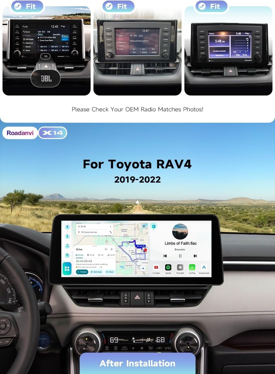 Roadanvi Android 14 6+128G 12.3″ Car Stereo for Toyota RAV4 2019-2022 X14 Series
