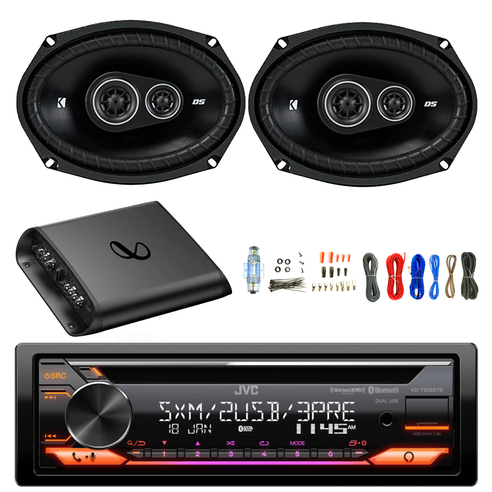 JVC Single DIN Bluetooth AM/FM CD Receiver, 2x 6×9″ 360W Speaker, Amp w/Kit