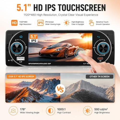 5.1″ Single Din Bluetooth Car Stereo Wireless CarPlay Radio Android Auto | IPS