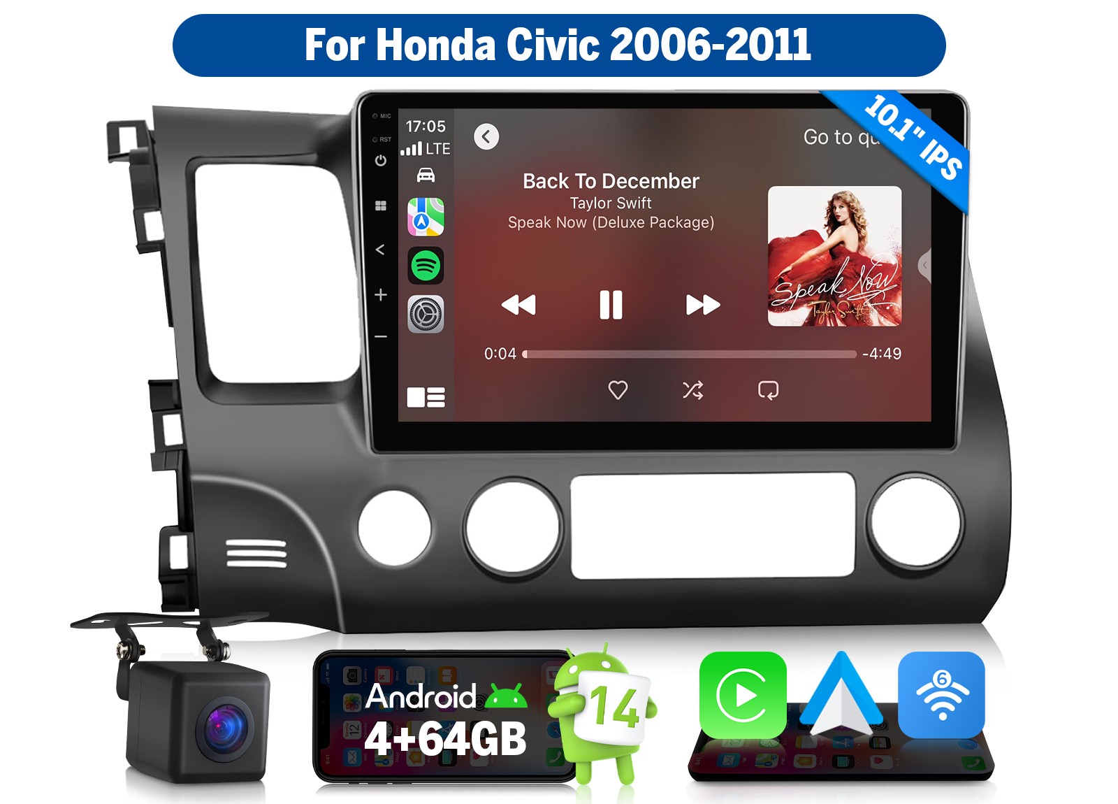 For Honda Civic 2006-2011 10.1″ Android 14 4+64 Car Stereo CarPlay Backup Camera