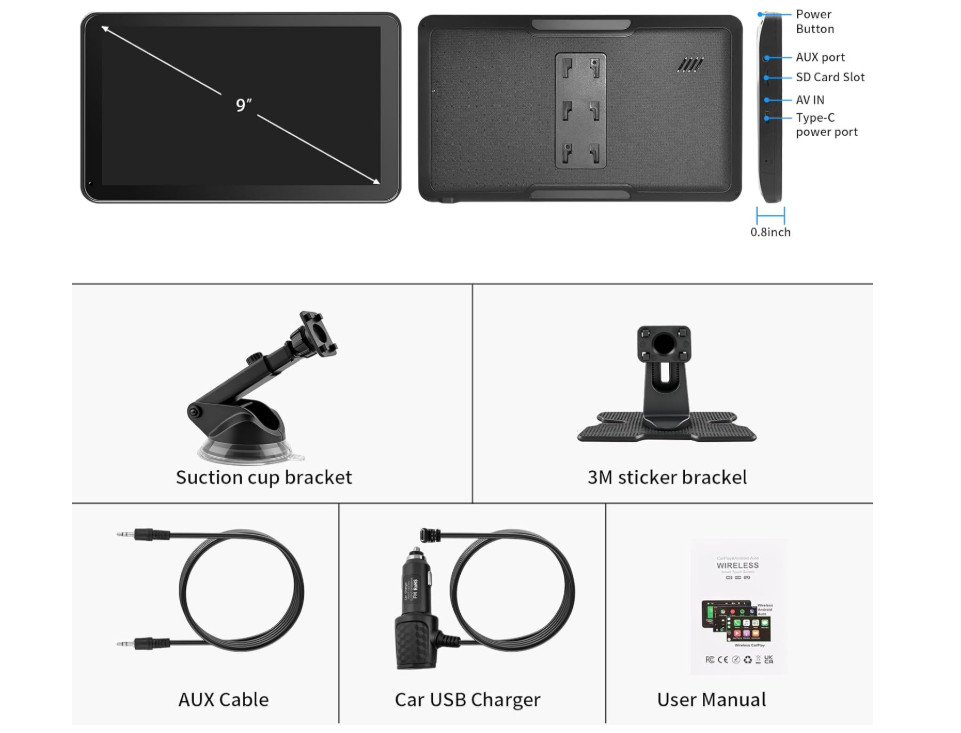 Pantalla CarPlay 9″ inalámbrica con GPS, Bluetooth y manos libres. NUEVO
