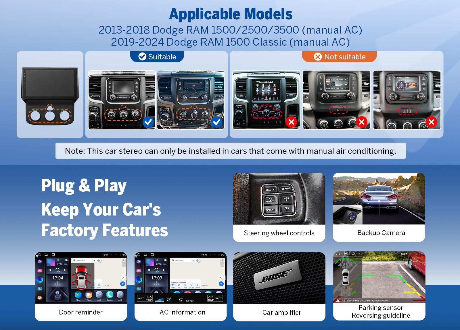 Android 14 4+64GB 9″ Car Stereo GPS CarPlay Radio for Ram 1500 Classic 2019-2024