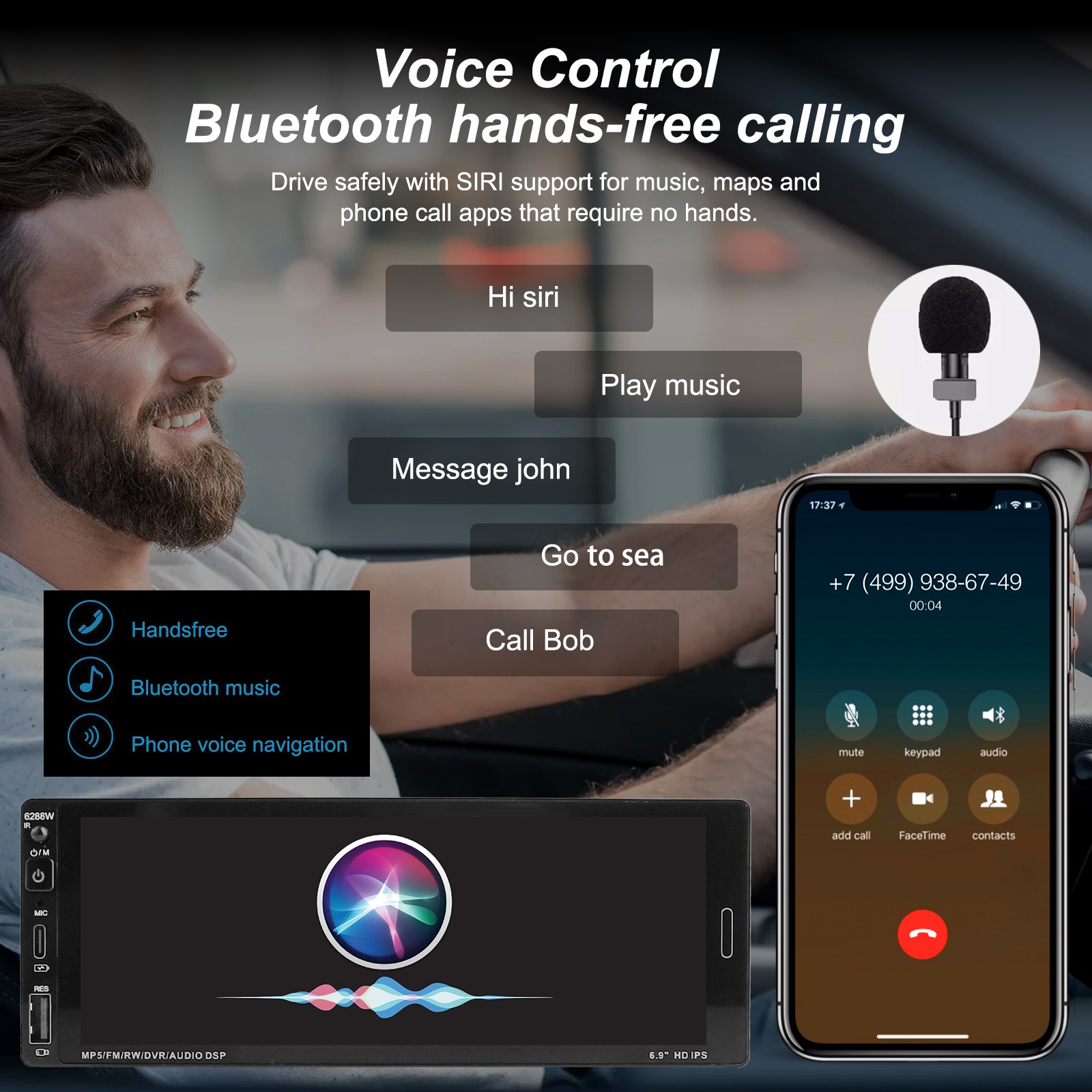 6.9″ Touch Single Din Car Radio Wireless CarPlay Bluetooth USB Multimedia Stereo