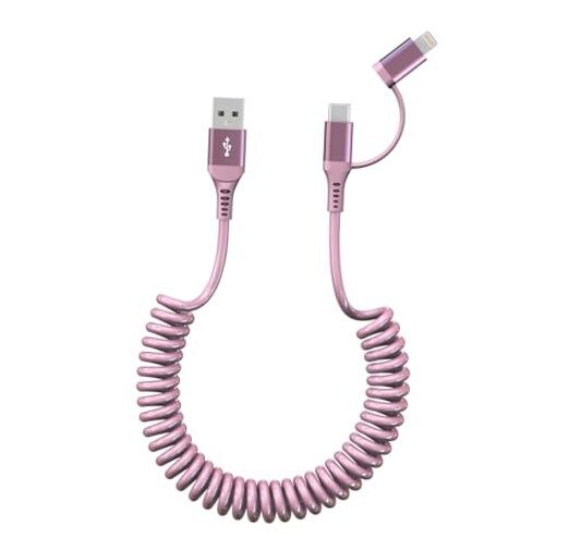 USB to USB C and Lightning Car Charger Cable – iPhone Charger Coiled Pink