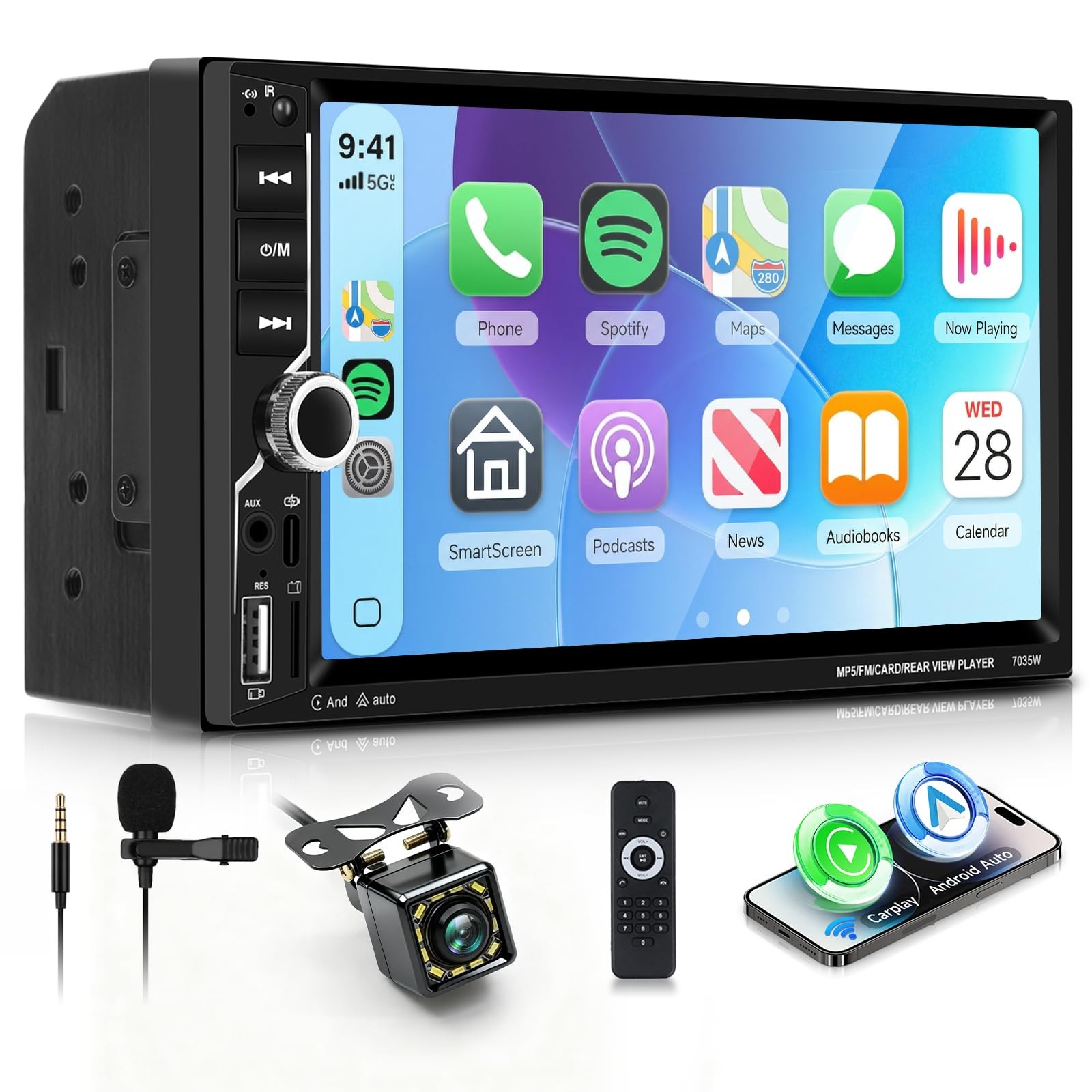 MAHVEC 7” Double Din Car Stereo with Wireless CarPlay Android…