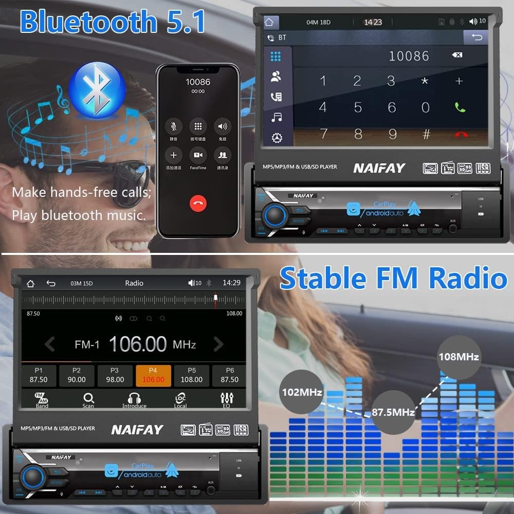 Naifay Single Din Touchscreen Car Stereo with wired carplay and android auto