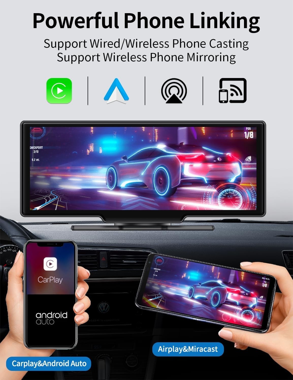 9.3″ Portable Car Stereo with Adjustable 4K Dash Cam, ADAS, Wireless