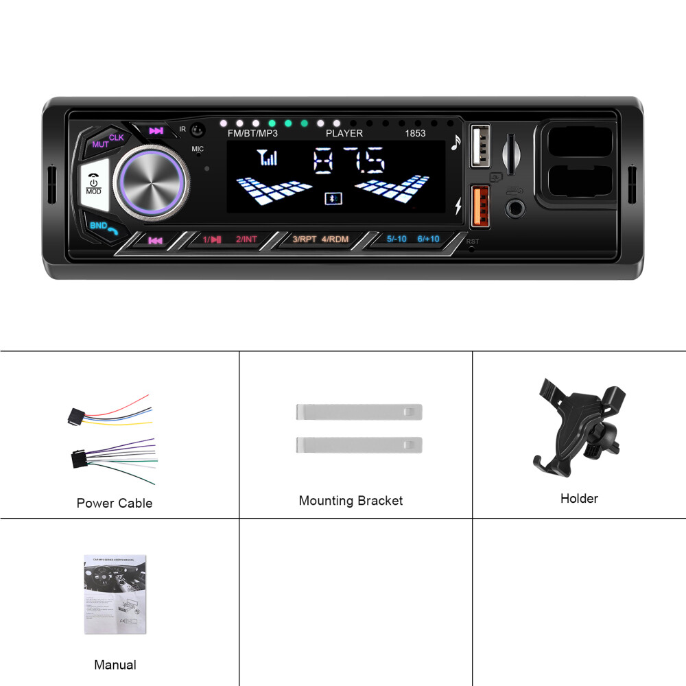 Car Radio Stereo Bluetooth 1Din FM Audio Head Unit MP3 USB/TF/AUX/Phone Holder