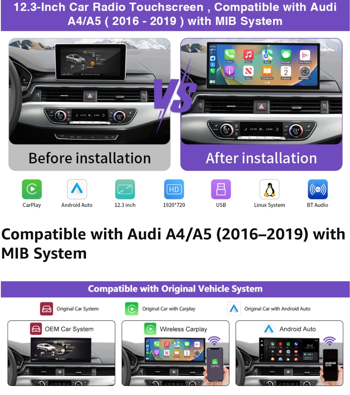 2025 Upgraded 12.3″ Ultra-Narrow Touchscreen Wireless CarPlay Android Auto Recei