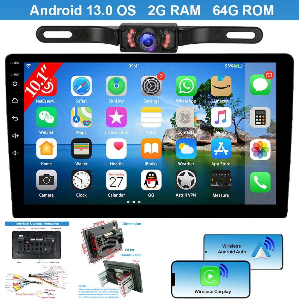10.1″ Android 13 For Apple Carplay Car Stereo Radio GPS Navi WiFi 2 Din + Camera