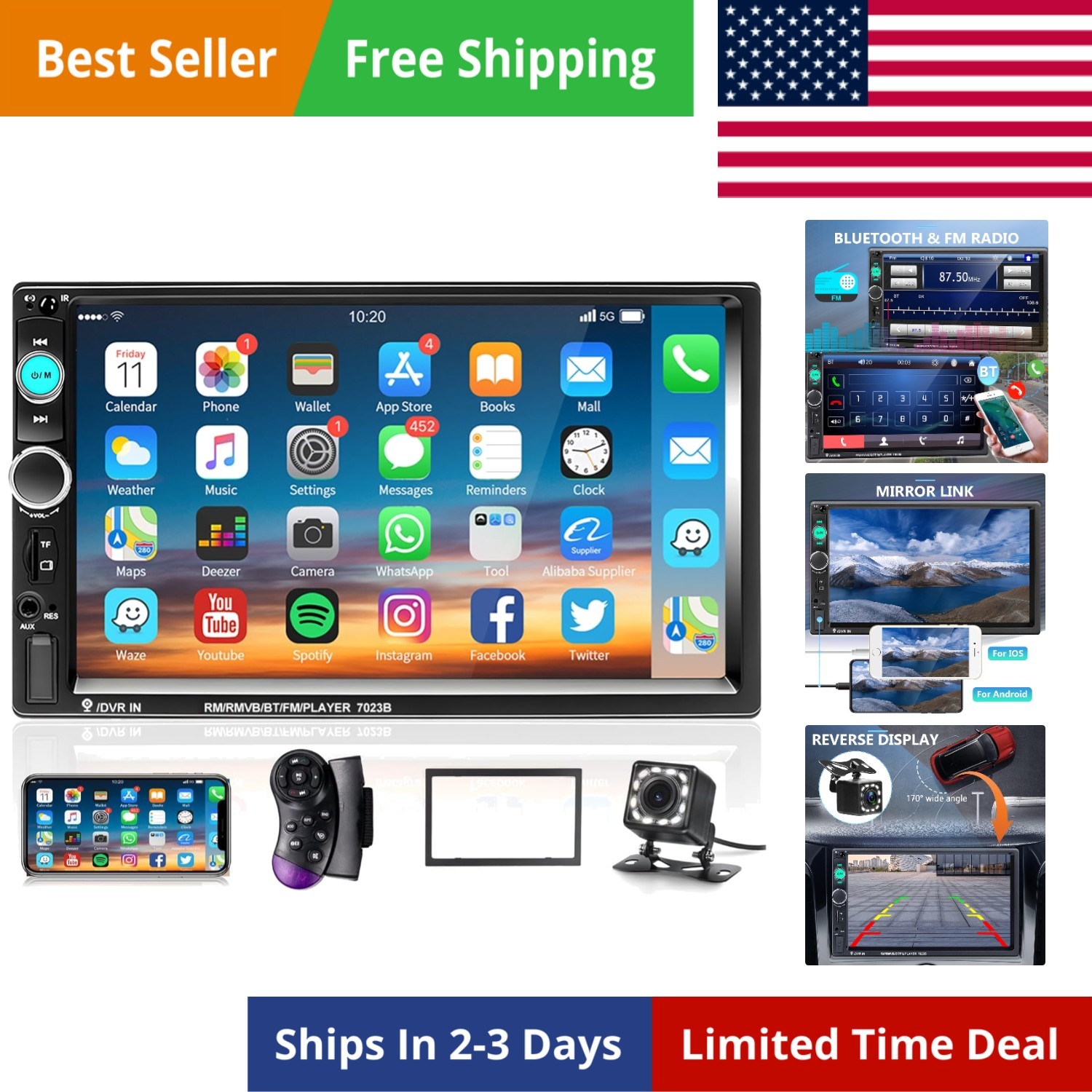 7 Inch Double Din Car Radio Touch Screen Stereo with Bluetooth and Backup Camera