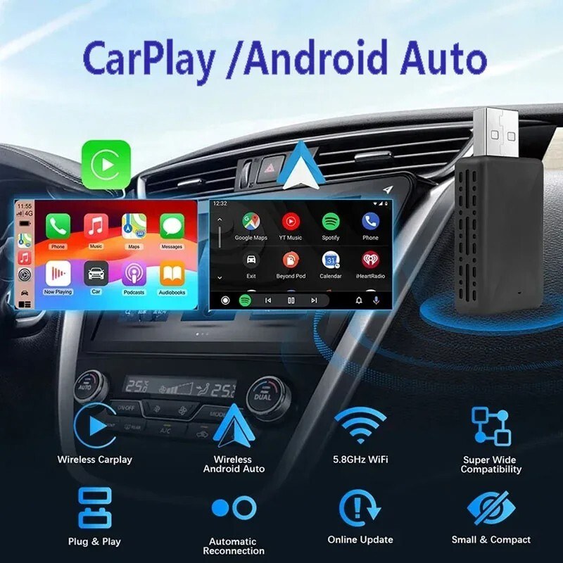 Wired to Wireless CarPlay Android Auto Adapter for OEM Car Stereo With USB Plug