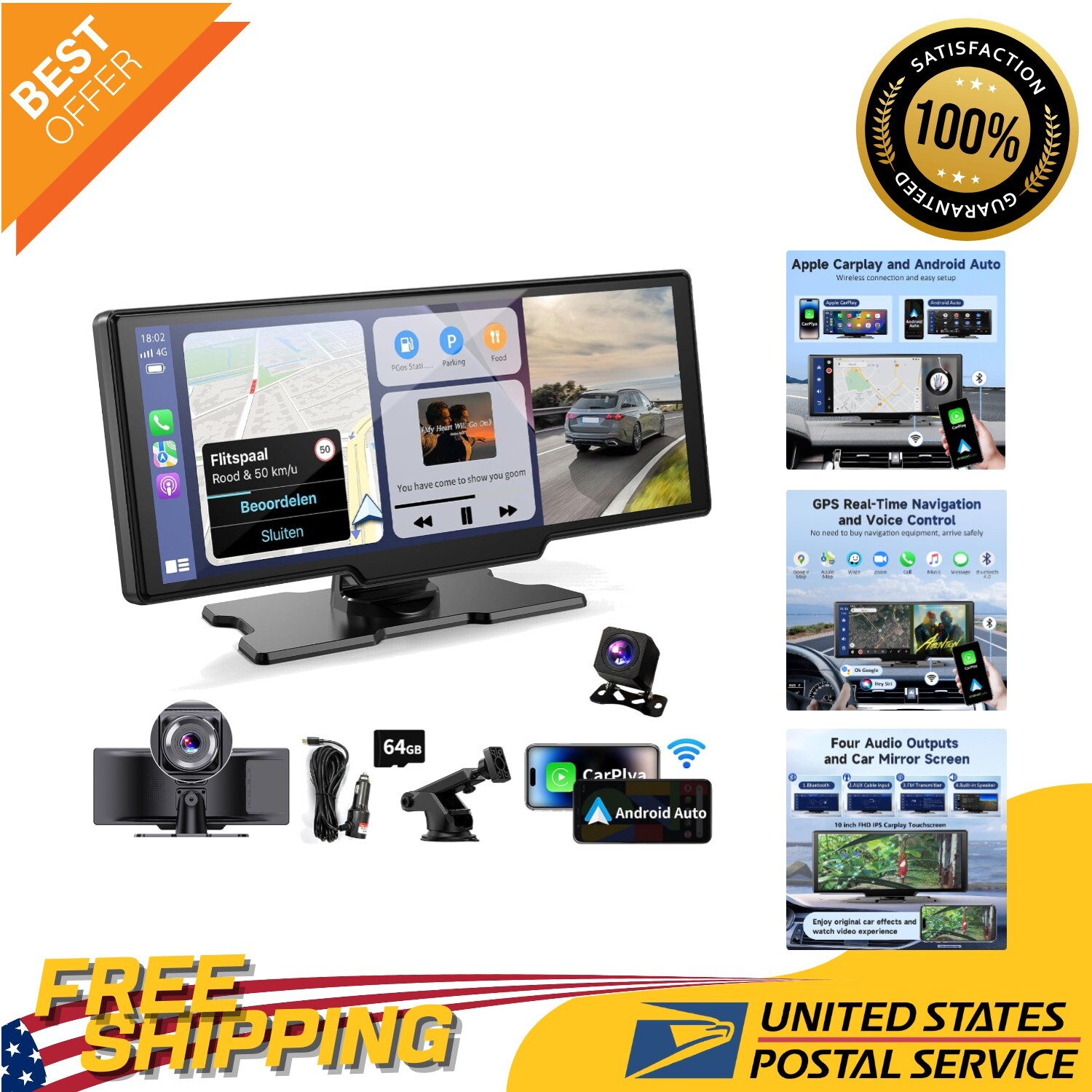 10.26 Inch Car Touch Stereo with 4K Dash Cam, Android Auto & Easy Installation