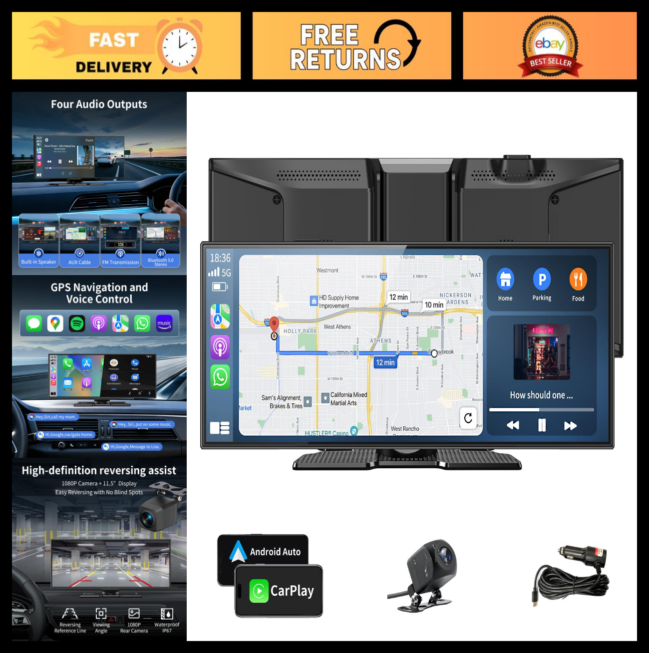 11.5” Wireless CarPlay & Android Auto Touch Screen, 1080p, GPS, Bluetooth, Backu
