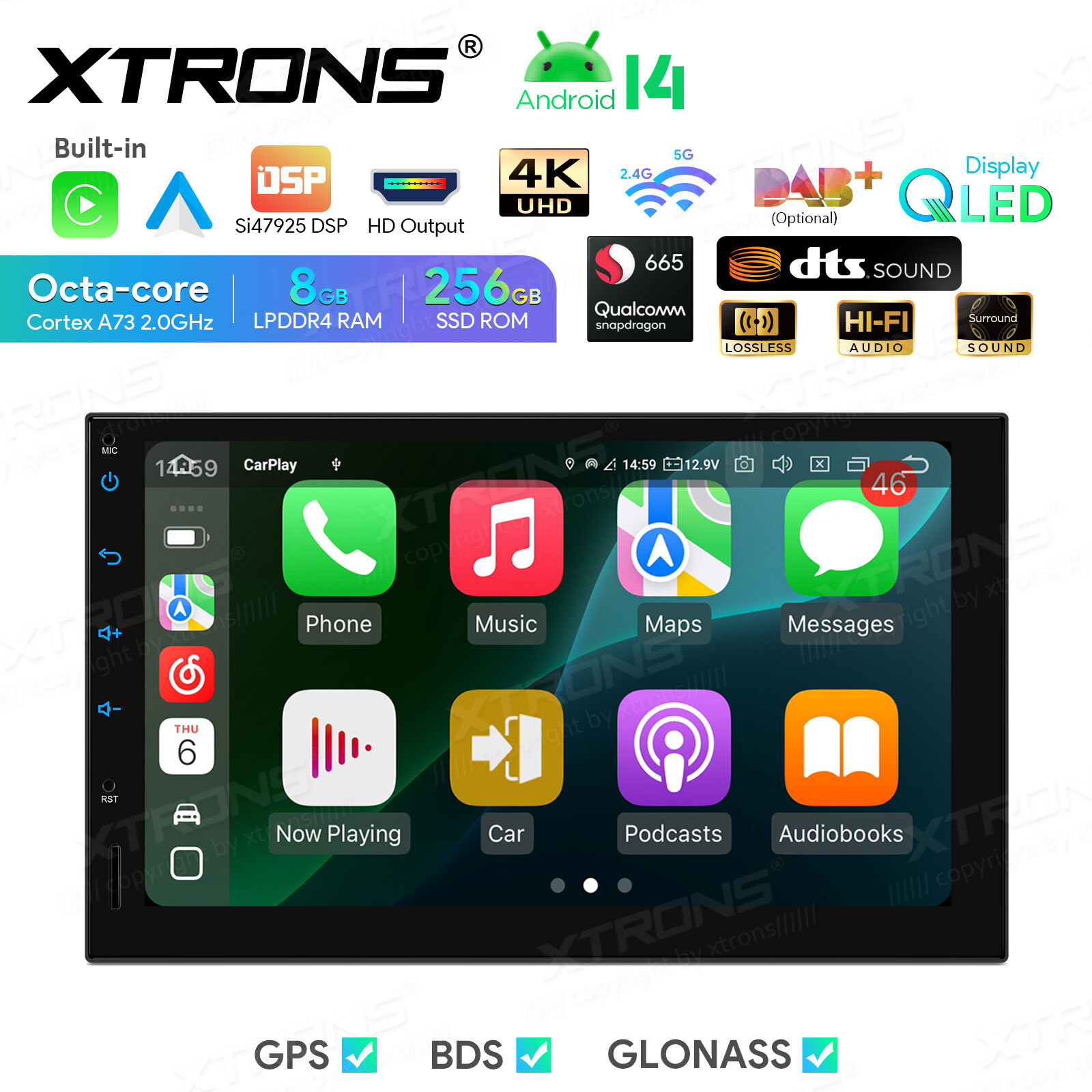 2 DIN Android 14 CarPlay Head Unit 8GB 256GB GPS DTS Sound 7″ Touchscreen WIFI
