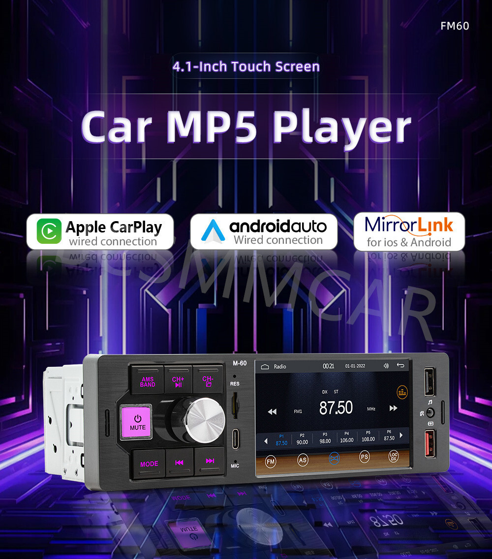Single 1Din Stereo Radio CarPlay Android Auto 4.1in Media Player TF AUX USB FM