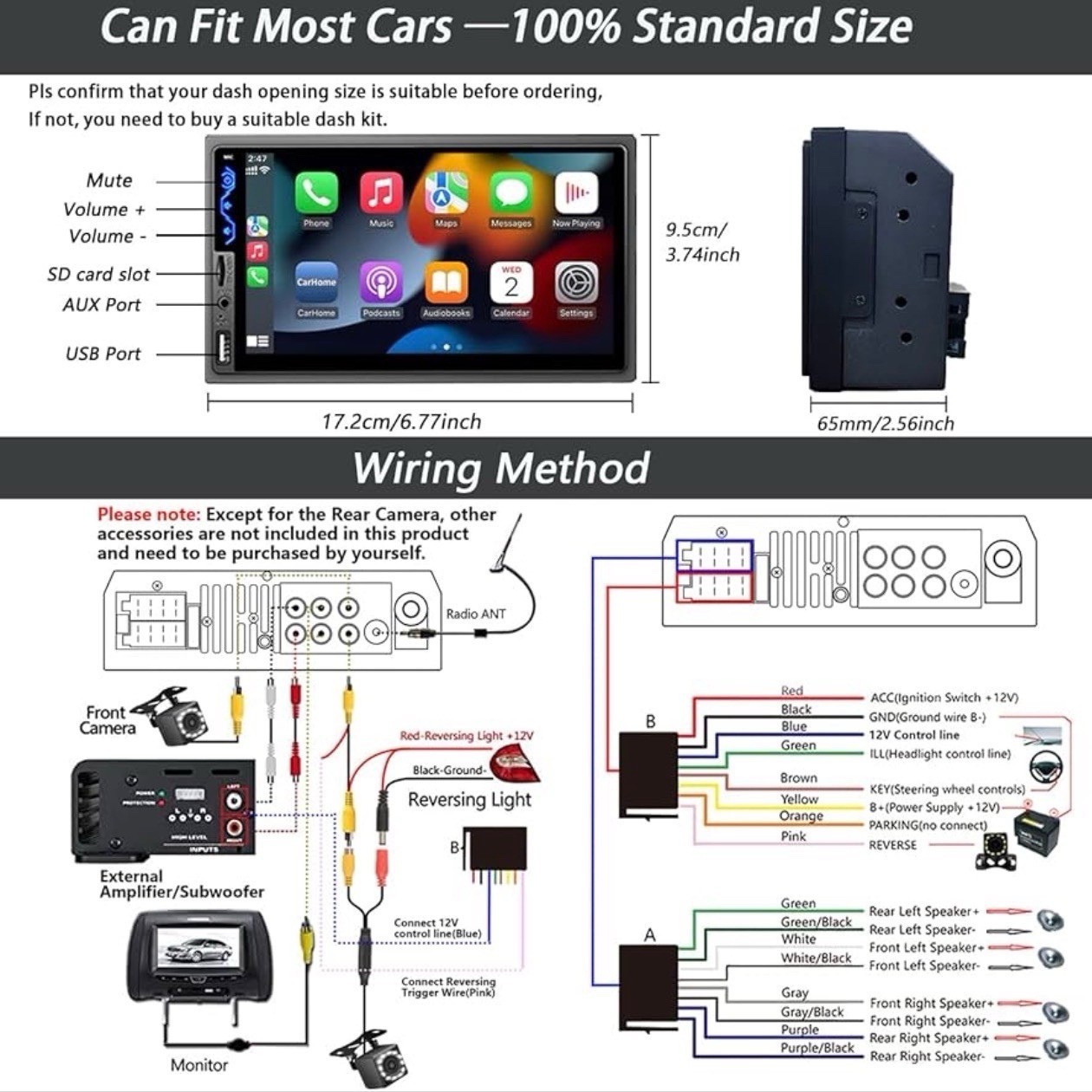 Double Din Car Stereo Compatible w Apple CarPlay Android Auto 7 in HD Backup Cam